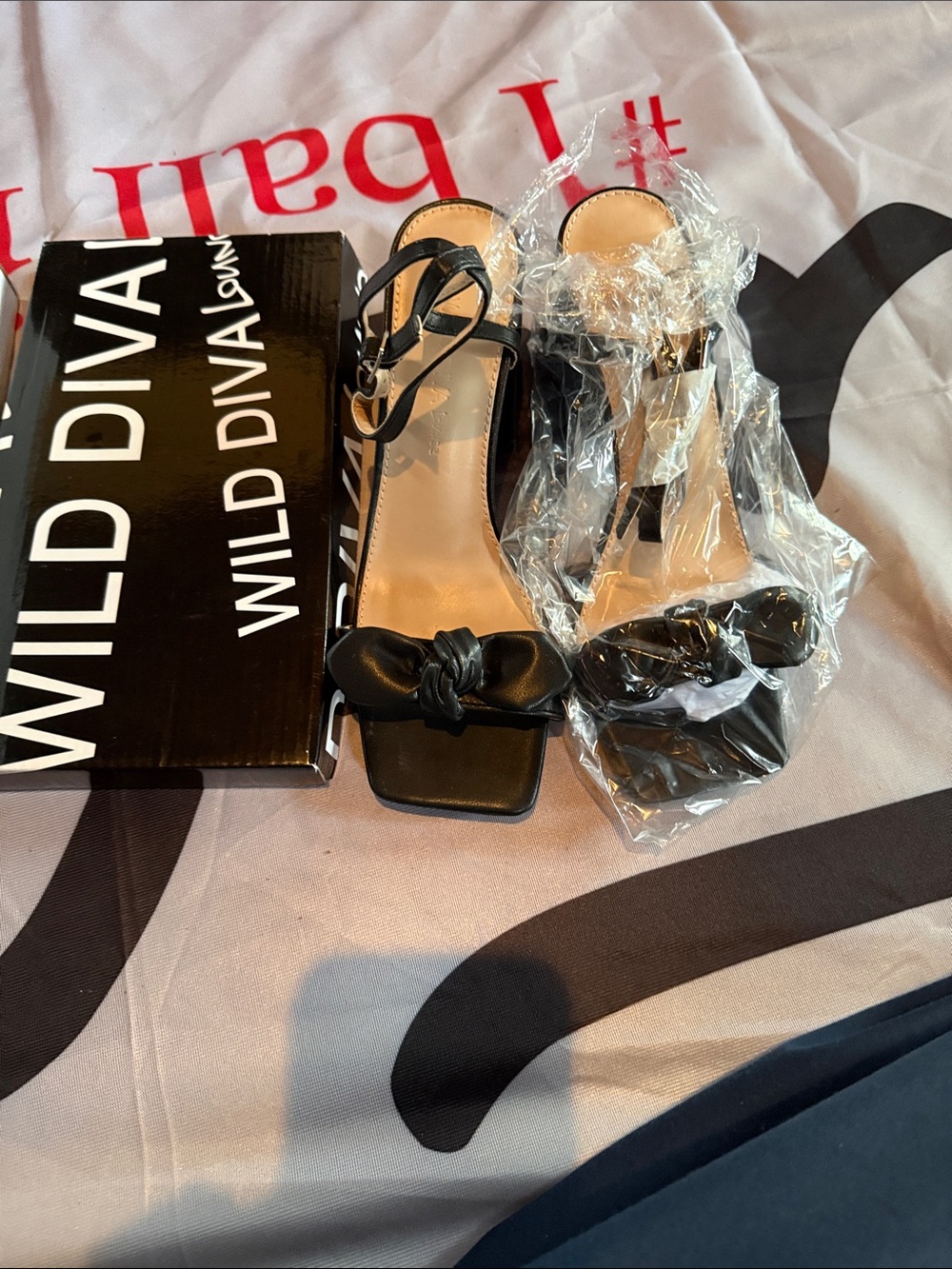 Wild Diva Black Knotted Square-Toe Ankle-Strap Heels